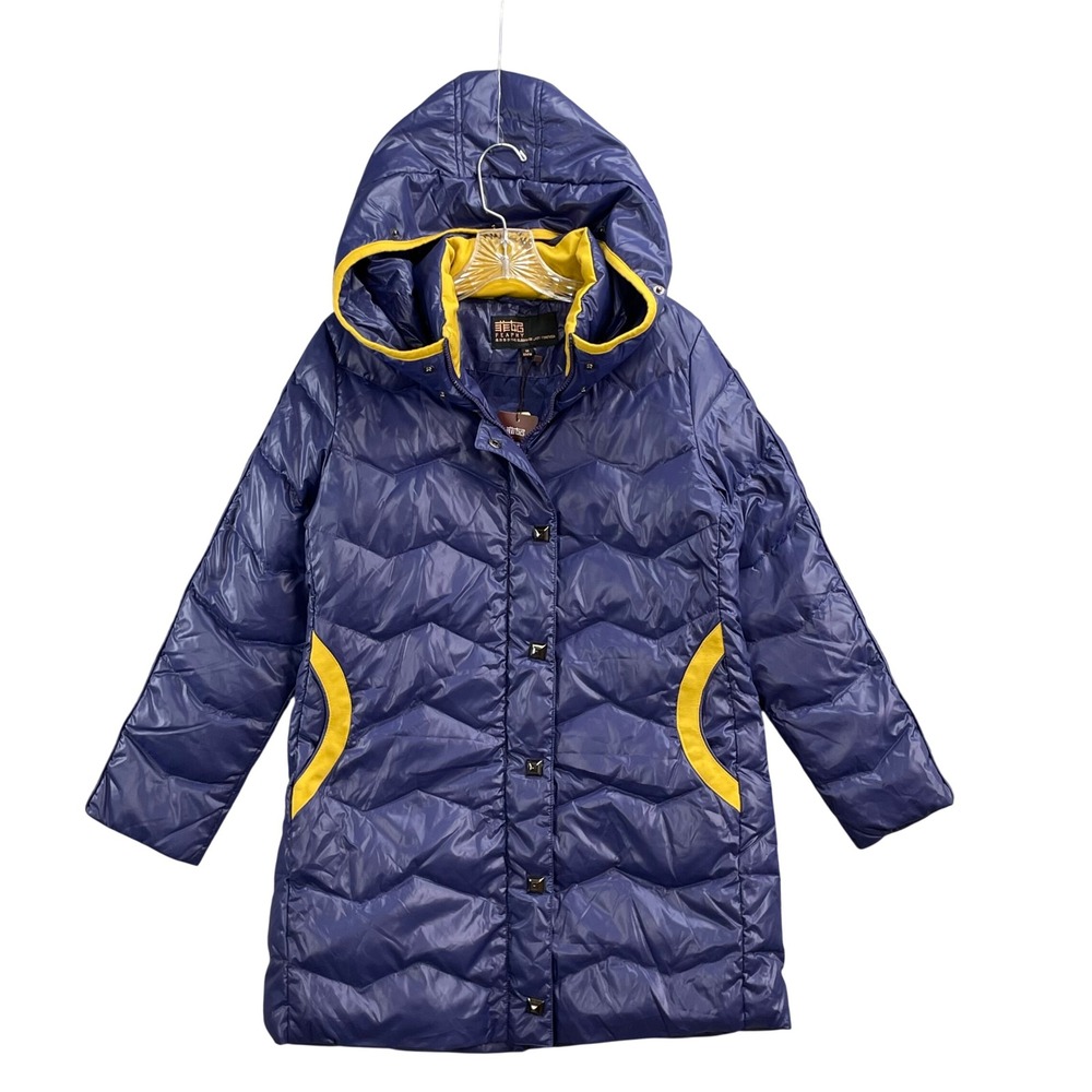 Feaphy Puffer Coat Womens Medium Purple  Hooded Chevron Quilted Studded Jacket